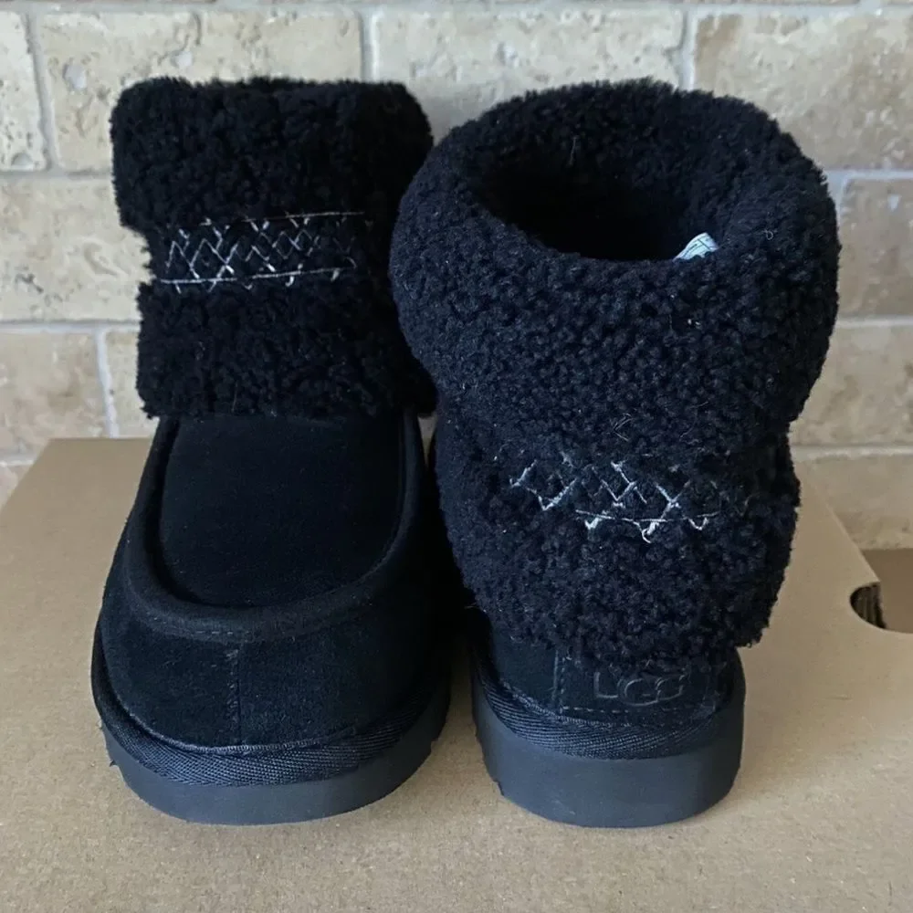 UGG BLACK MINI UGG BRAID SUEDE/ SHEEPSKIN WINTER BOOTS, WOMEN US 7/ EUR 38 NIB